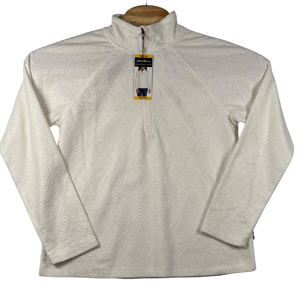 Eddie Bauer‎ Womens M Polar Fleece 1/4 Zip Ivory Embossed Geo Gorpcore Cabin NWT